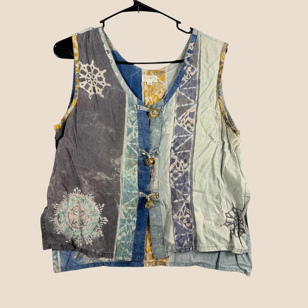 Boho Batik Patchwork Vest Women's S/M Blue Gray Art to Wear Lagenlook Hippie